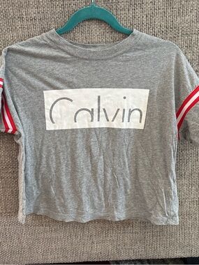 Calvin Klein Jeans Gray Tee with Red Sleeve Stripes